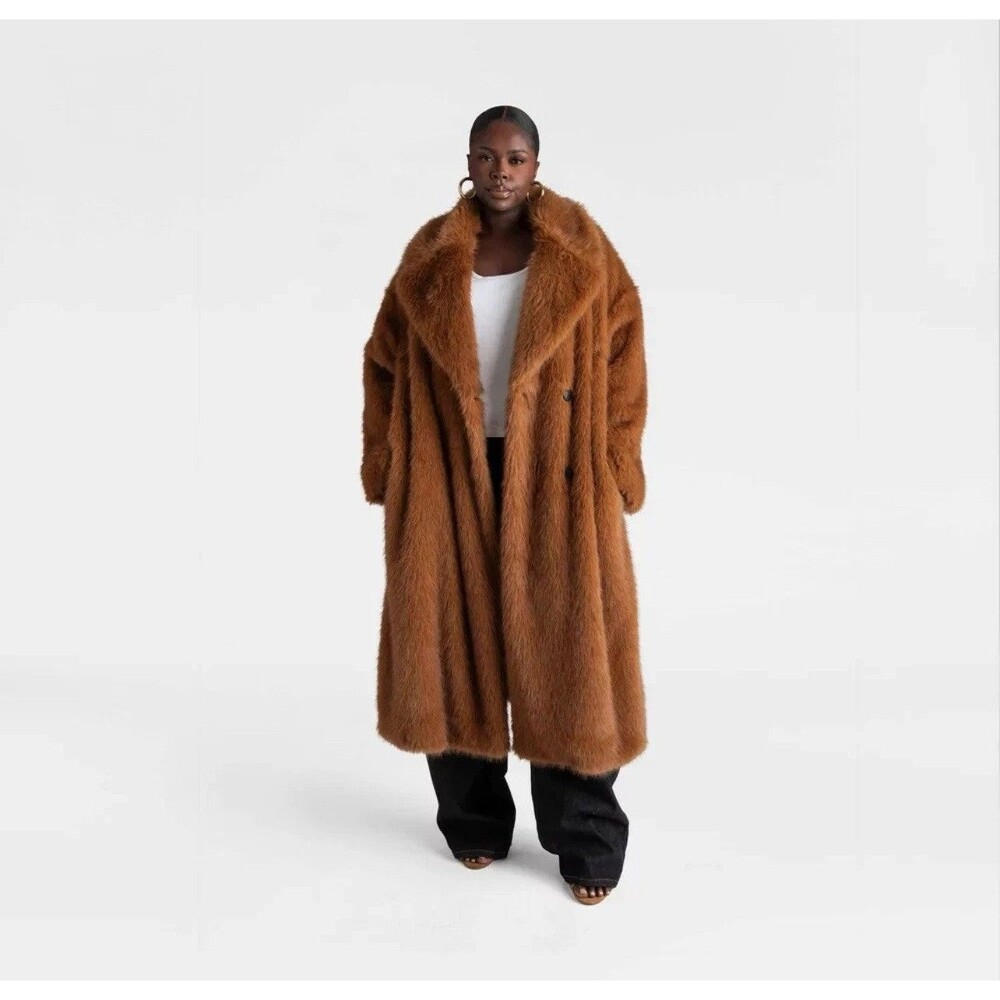 KBB by KAHLANA Women's 'The Oversized Faux Fur Trench Coat' - Teddy Brown 1X